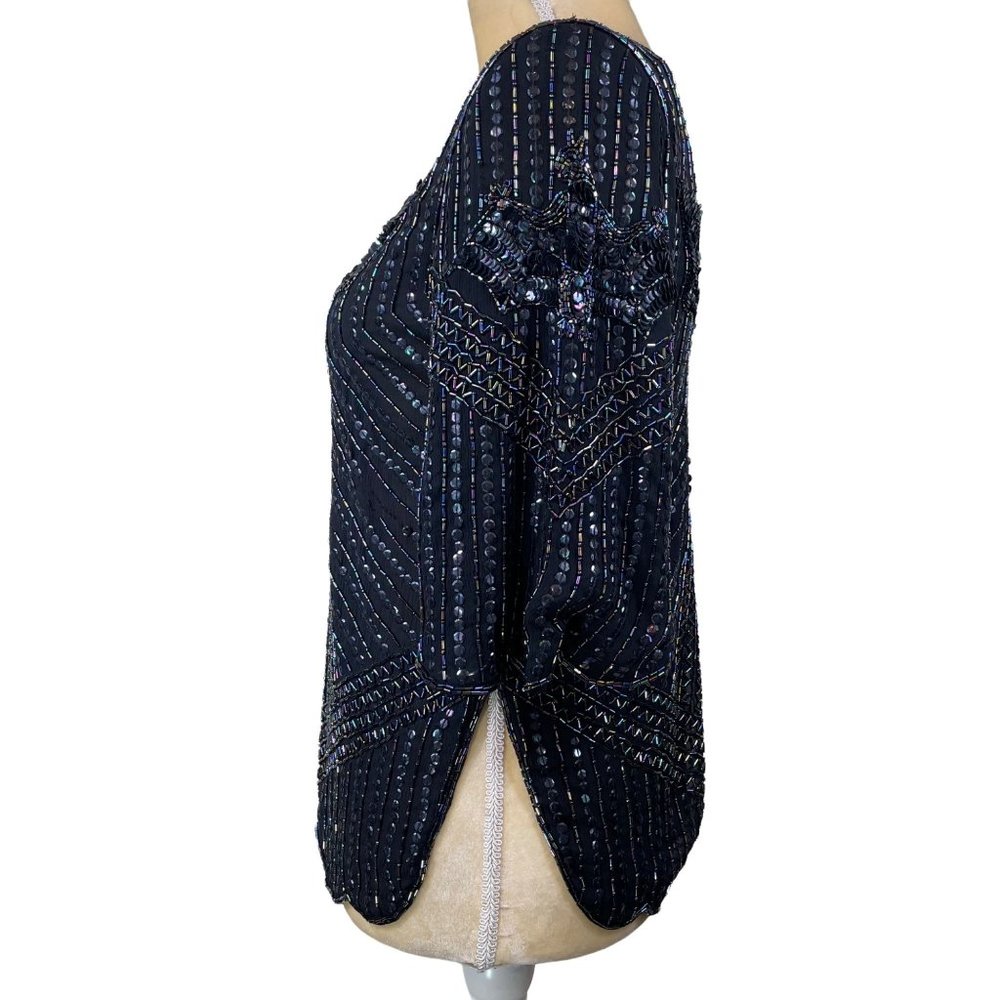70s Vintage Le Mieux Black 100% Silk Art Deco Beaded Sequined Bat Motif Blouse - Picture 3 of 9